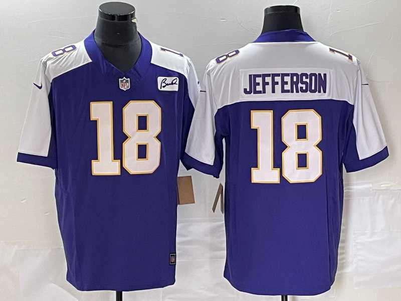 Men's Minnesota Vikings #18 Justin Jefferson Purple 2023 FUSE Bud Grant Patch Limited Stitched Jersey